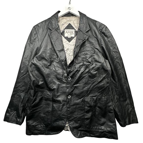 Vintage Remy Leather Blazer Sport Coat Mens 44 Large Black Lined Two Button